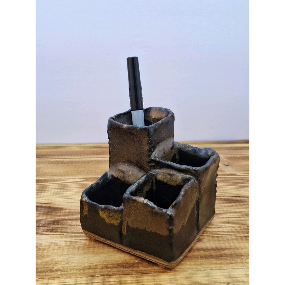 Pen Pencil Holder Earthen Tone ware 4 Slot Tired Hand-crafted Artisan Glaze Vtg